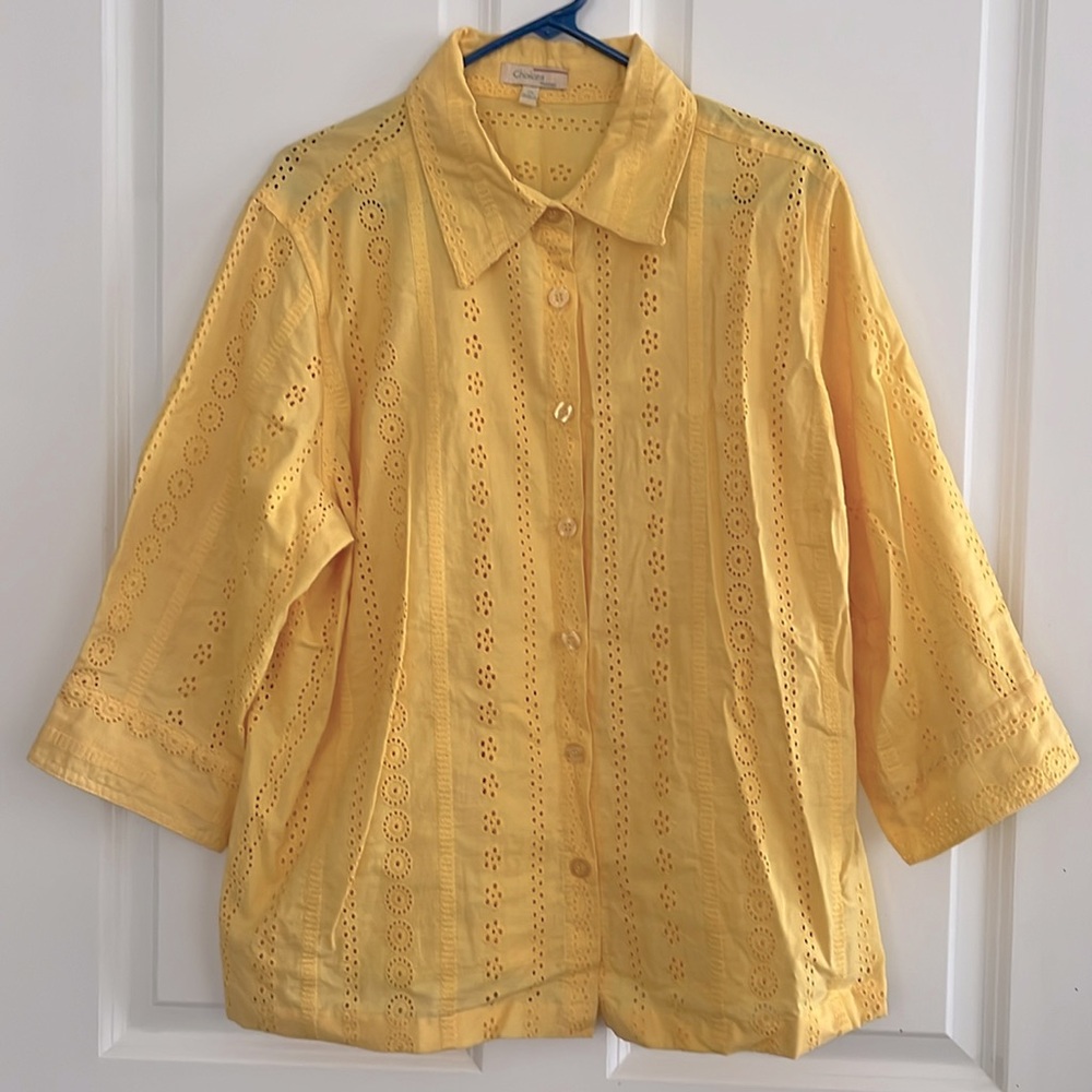 Choices Women Yellow Eyelet Button Up  Shirt 2X 100% Cotton
